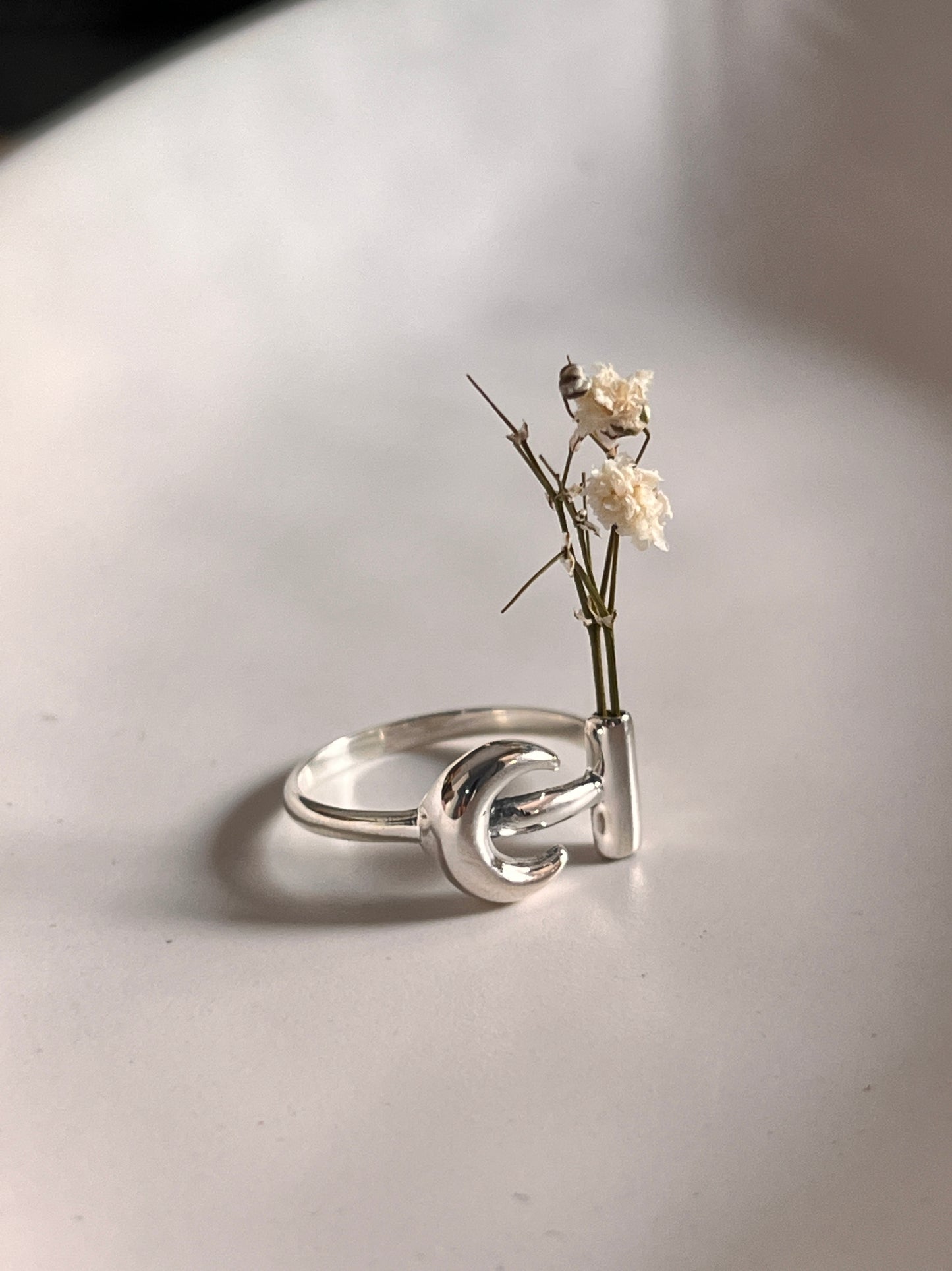 Moon Flower Holder Silver Ring with Elegant Design