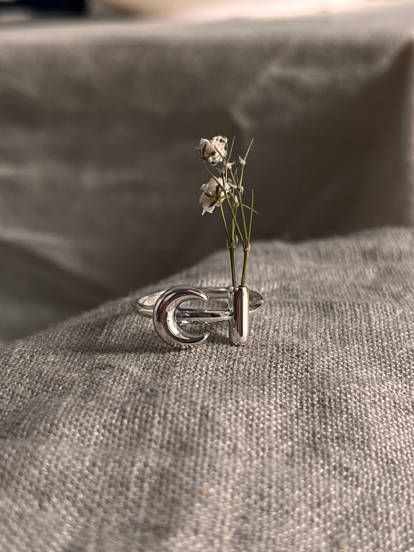 Moon Flower Holder Silver Ring for a Subtle, Nature-Inspired Statement
