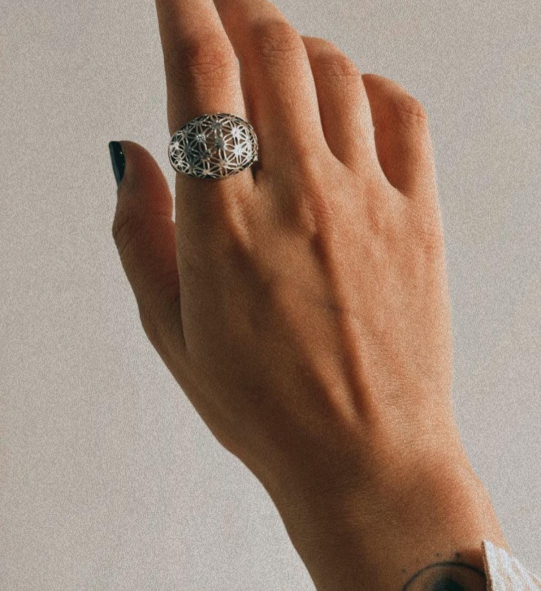 Unique dome-shaped Seed of Life silver ring for energy healing