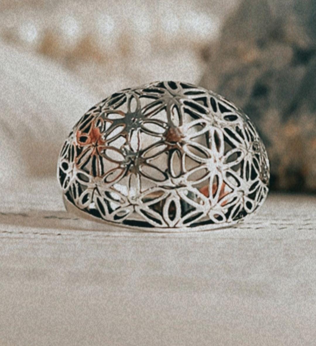 Sacred geometry Seed of Life dome ring in polished silver