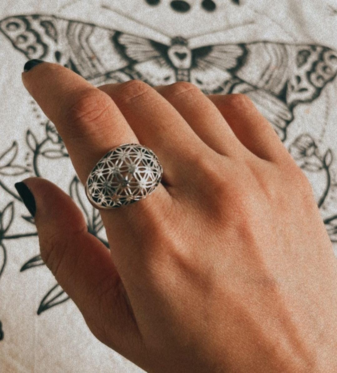 Charming Seed of Life dome silver ring with geometric details