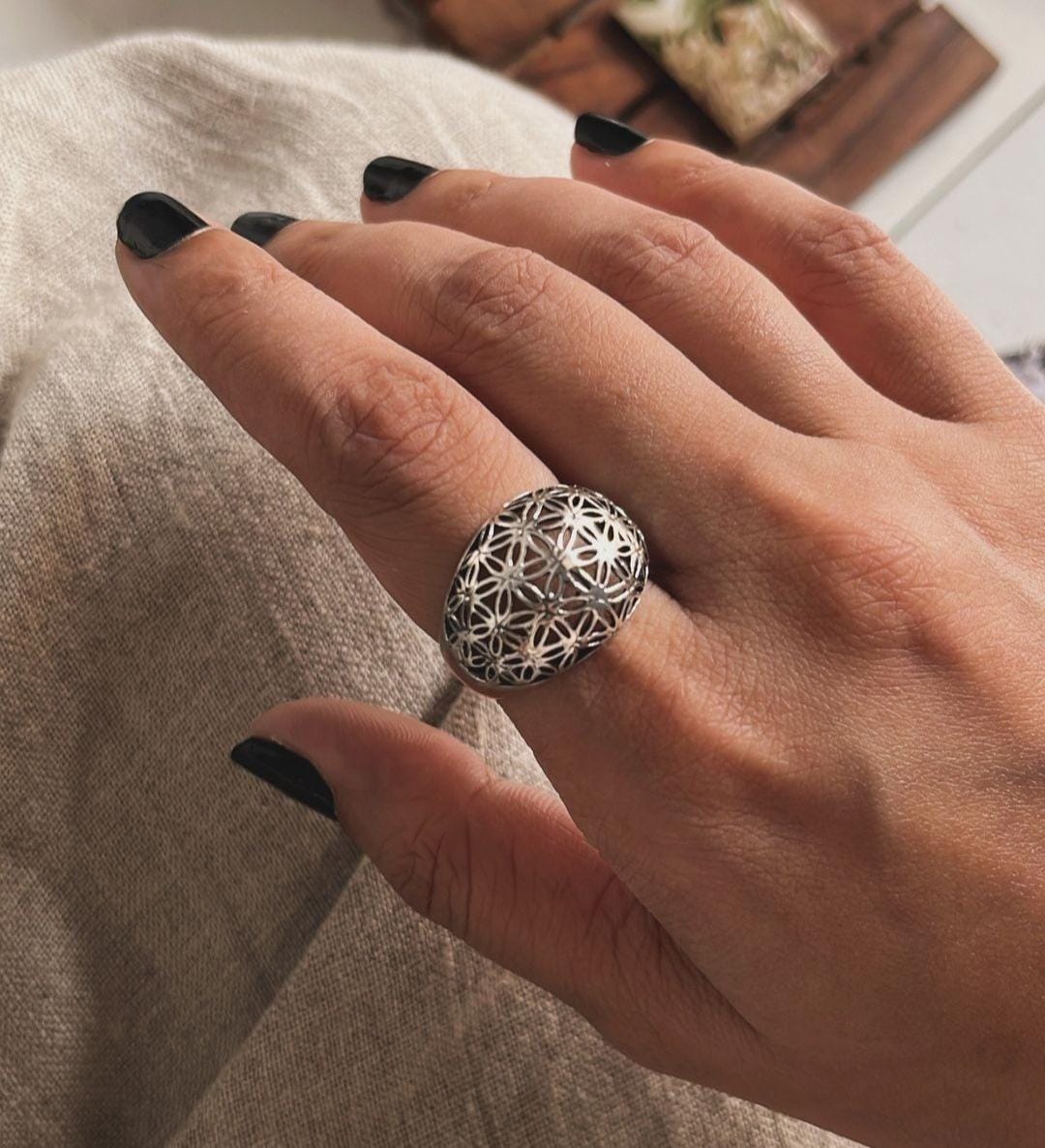 Sterling silver dome ring with Seed of Life motif