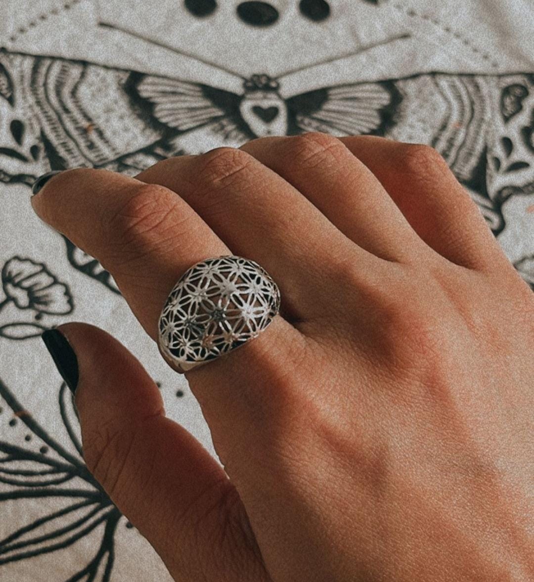 Sterling silver dome ring featuring Seed of Life symbol