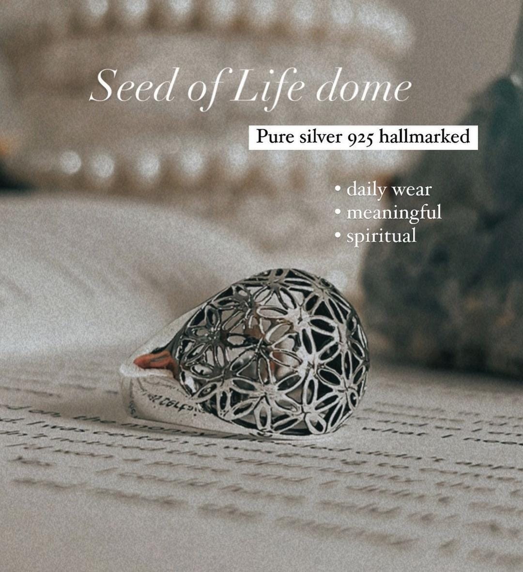 Elegant Seed of Life dome ring in sterling silver