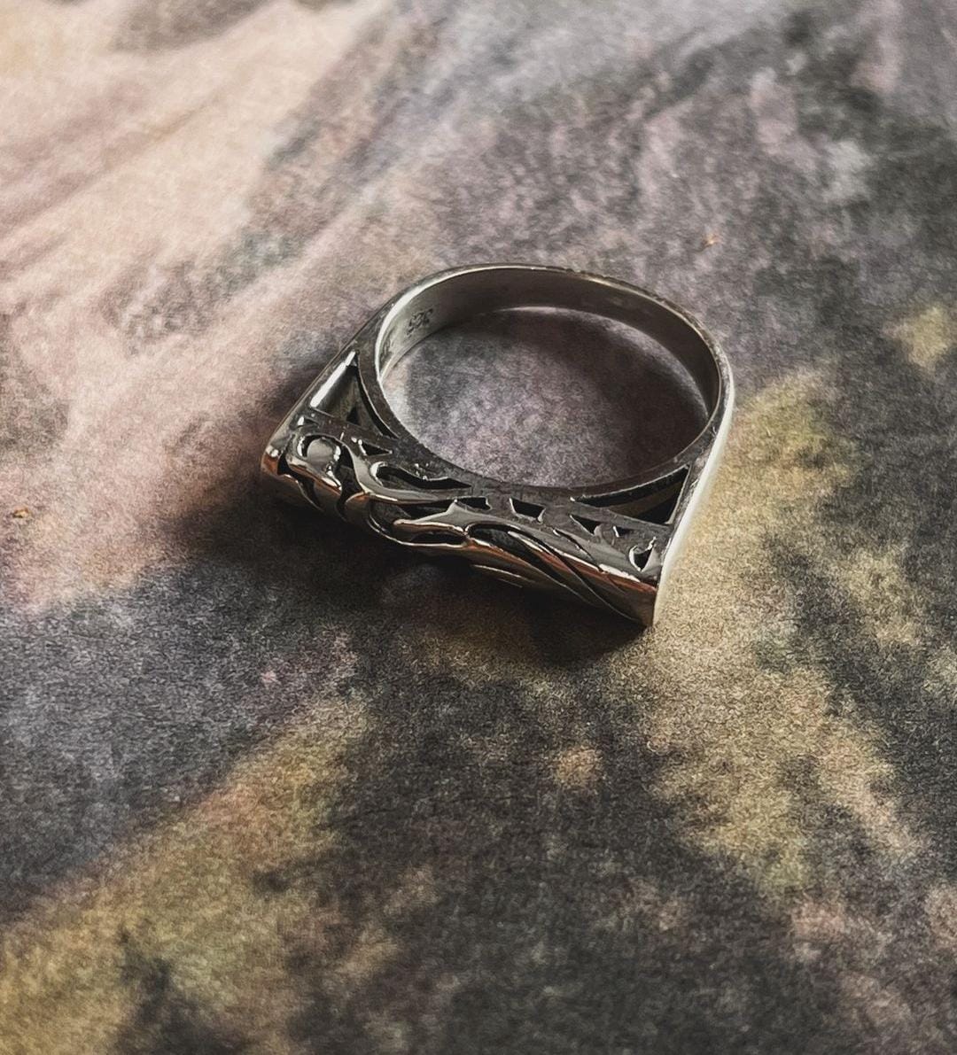 Signet Silver Ring with Intricate Vintage Motif Engraving