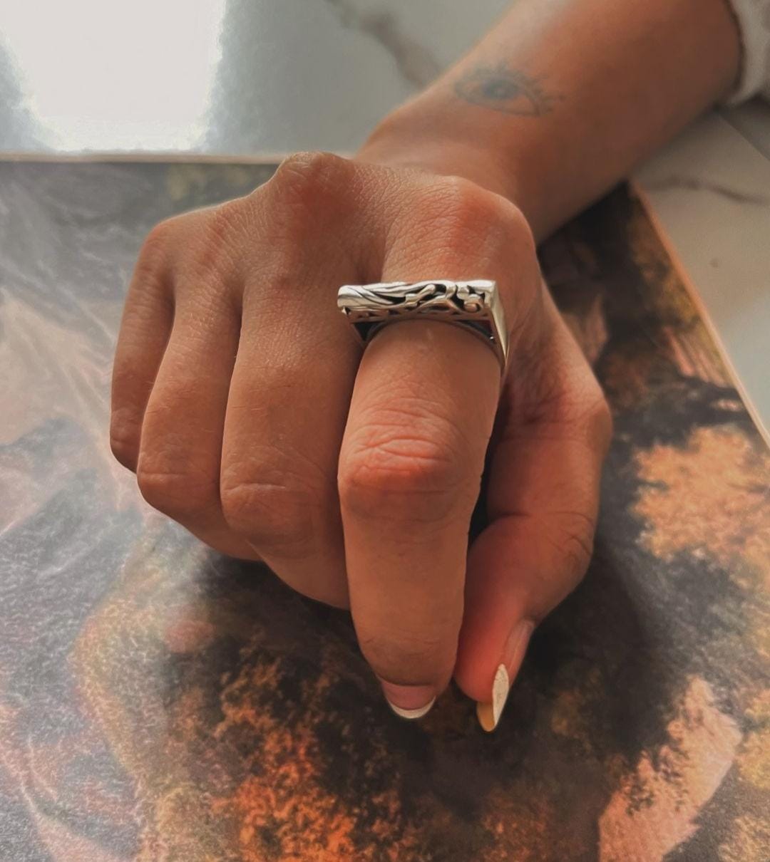 Antique Style Signet Silver Ring with Engraved Motif