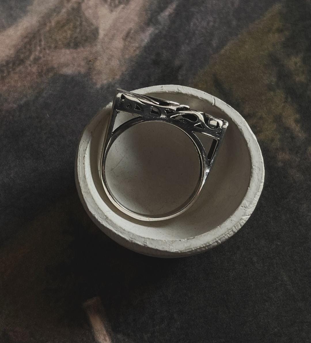 Antique Style Signet Silver Ring with Engraved Motif