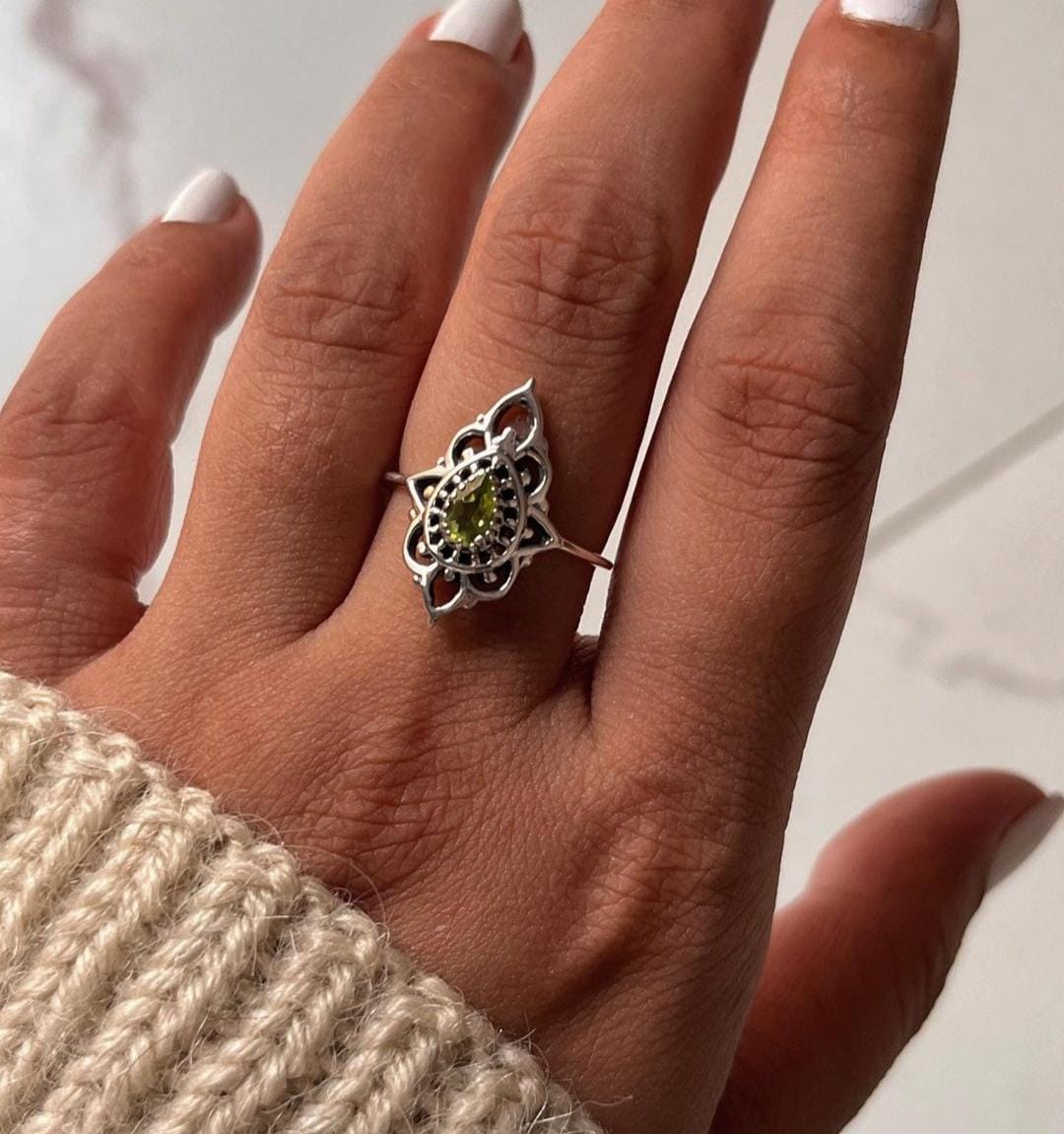 Peridot Stone Boho Silver Ring