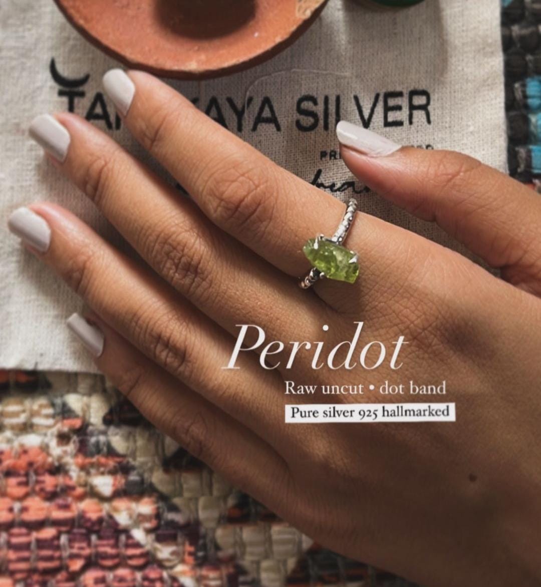 Unique Peridot Raw Uncut Silver Ring with Dot Band
