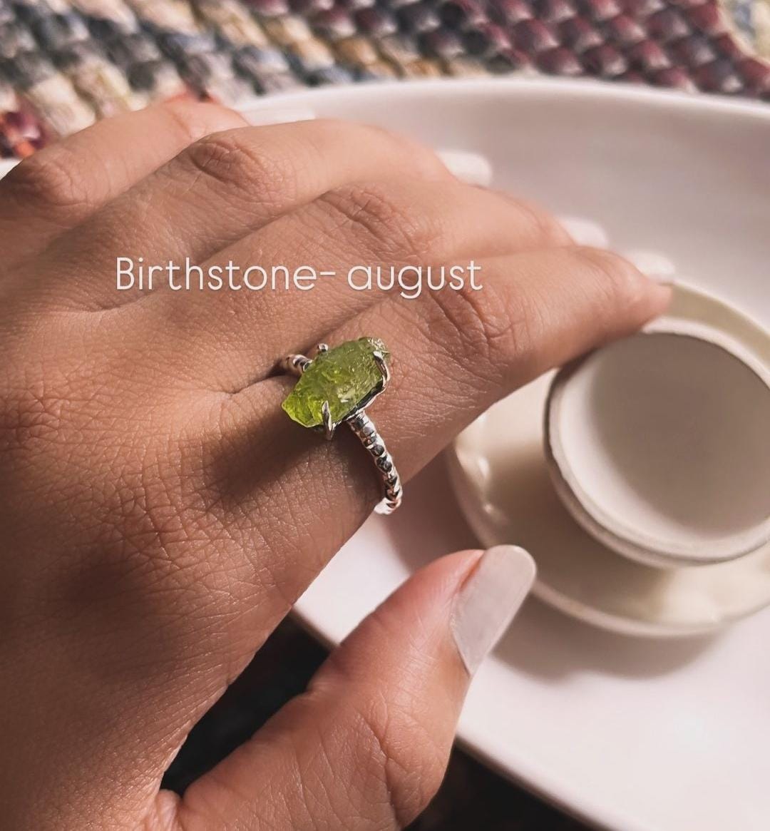 Handcrafted Peridot Raw Uncut Dot Band Silver Ring