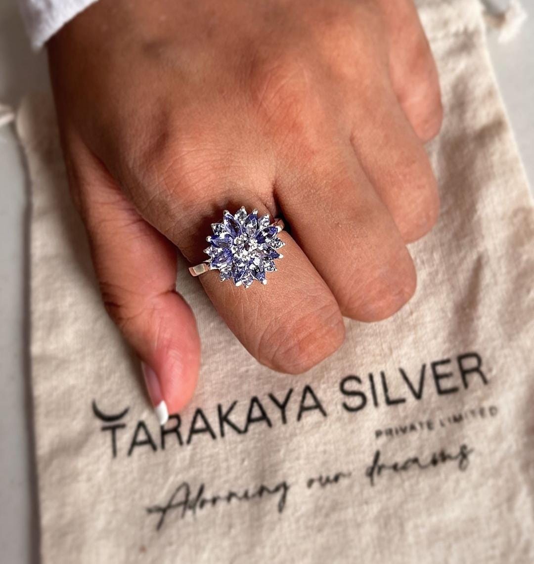 925 sterling silver tanzanite flower statement ring