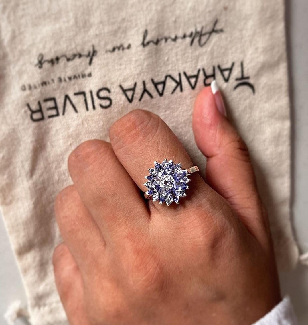 Elegant tanzanite flower statement ring in sterling silver
