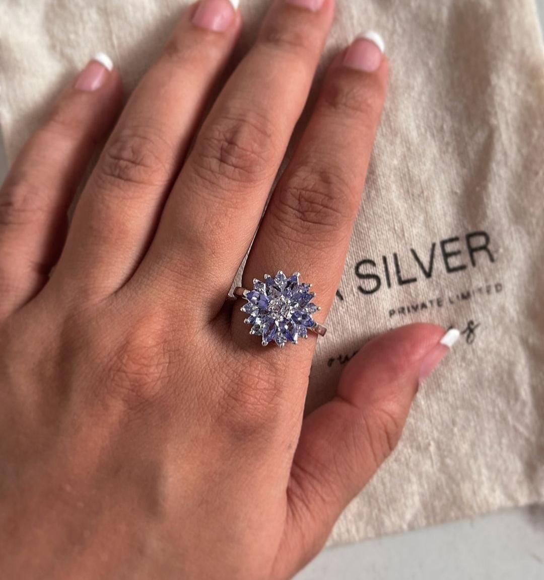 Charming tanzanite flower gemstone silver ring