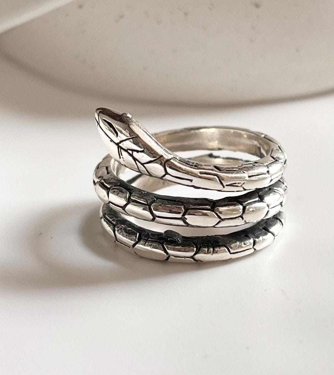 Serpent chunky silver ring with intricate design