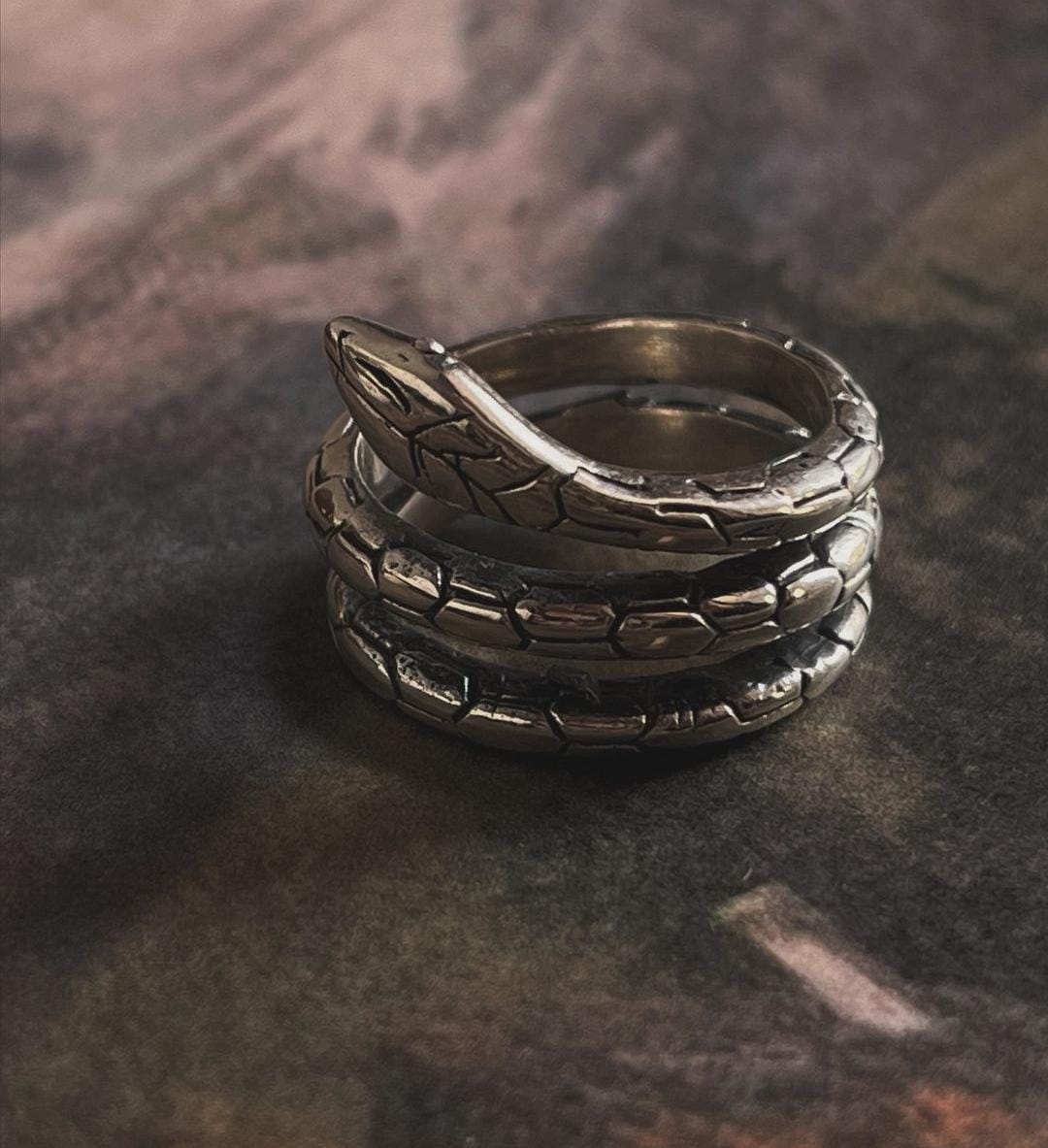 Unique chunky silver ring with serpent-inspired design