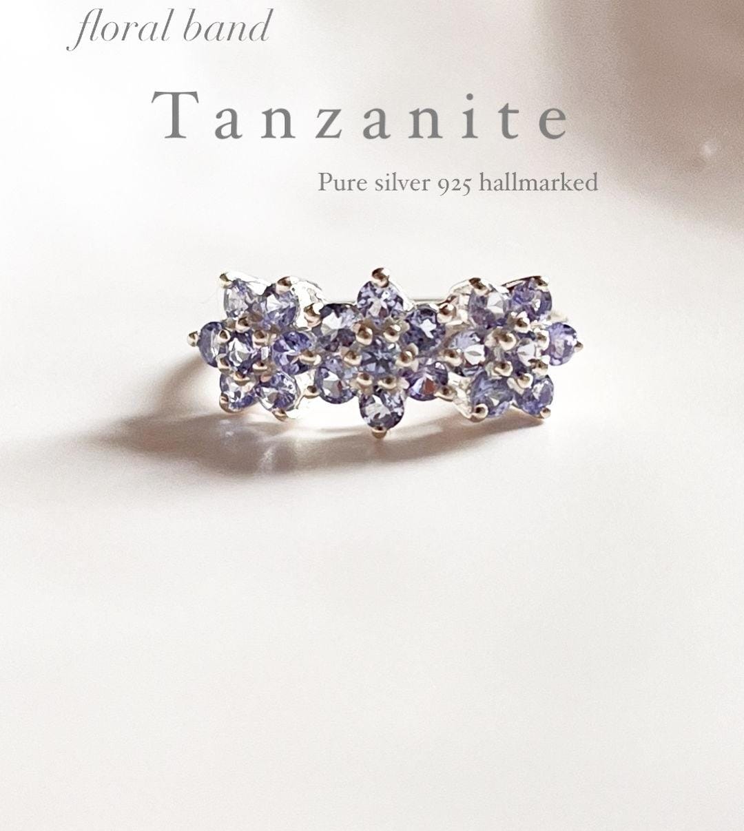 Tanzanite three flower sterling silver ring