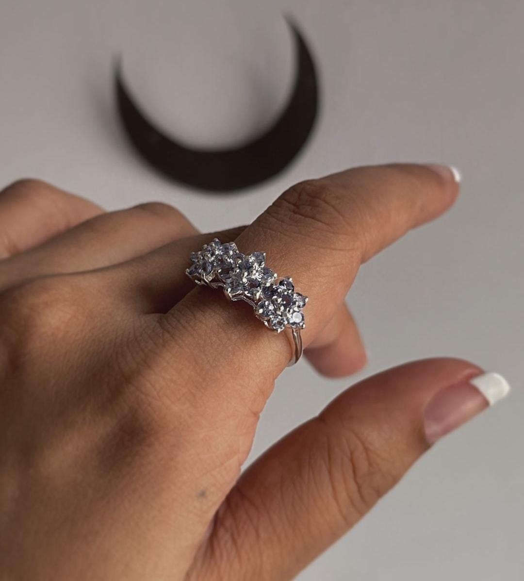 Charming tanzanite three flower design silver ring