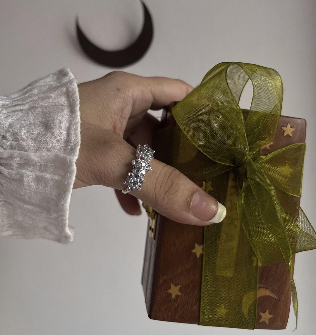 Delicate tanzanite flower ring with three petals in silver