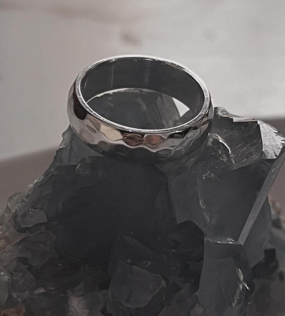 Handcrafted Thick Silver Band Ring with Hammered Texture