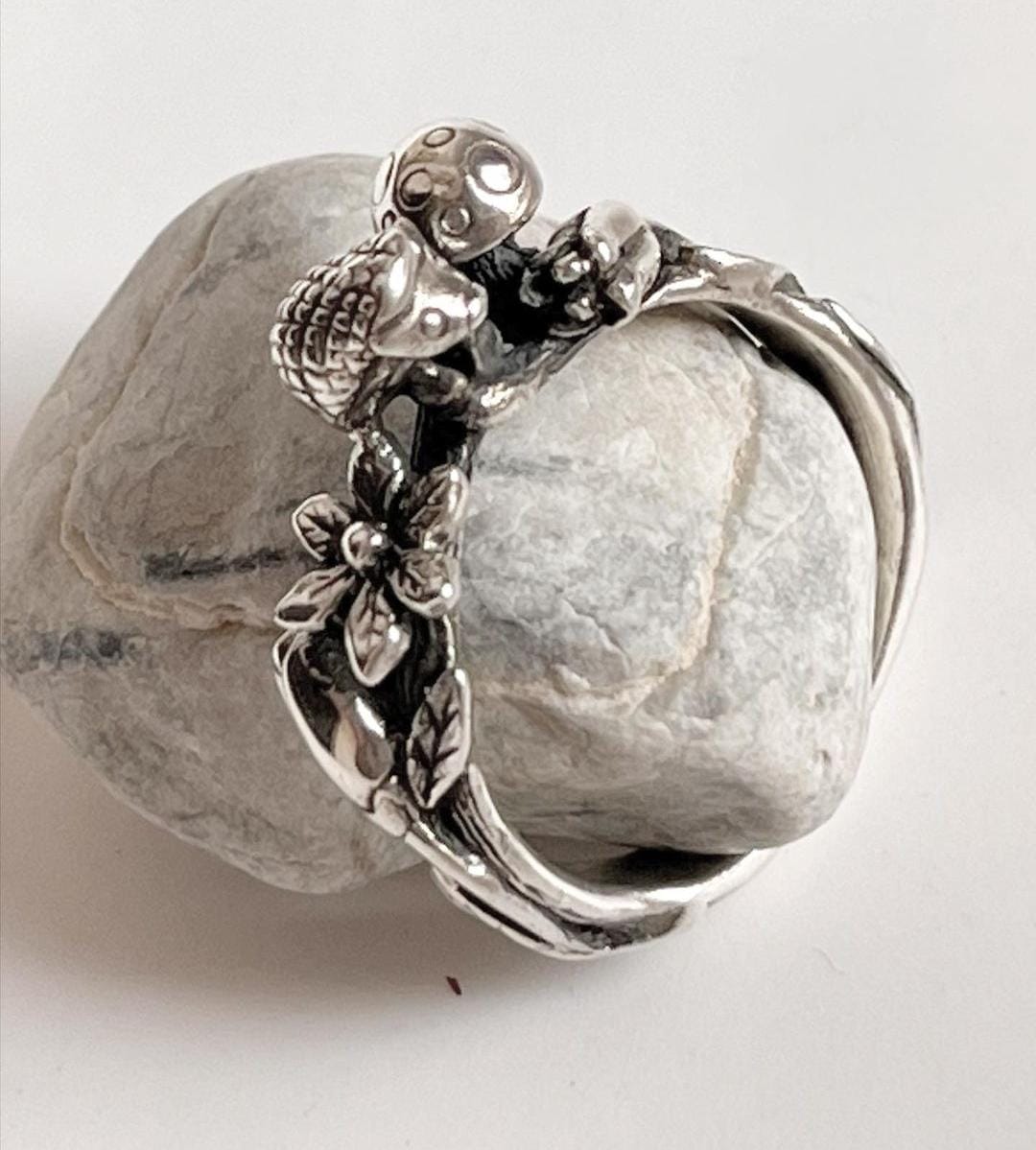 Charming Forest Enchantment Silver Ring with Hedgehog and Mushroom