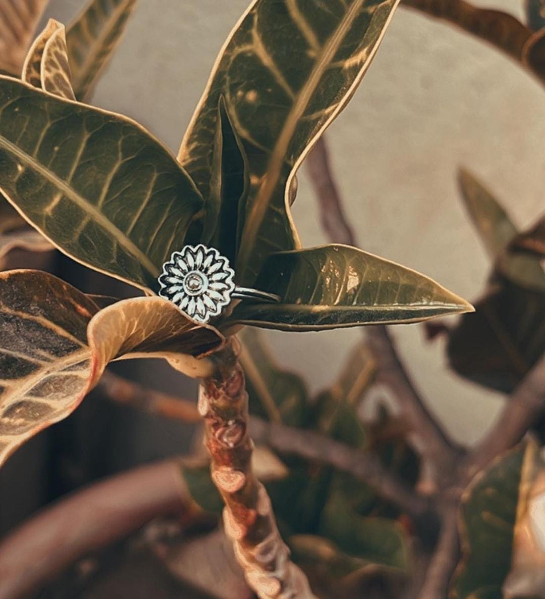 Delicate sunflower ring in sterling silver