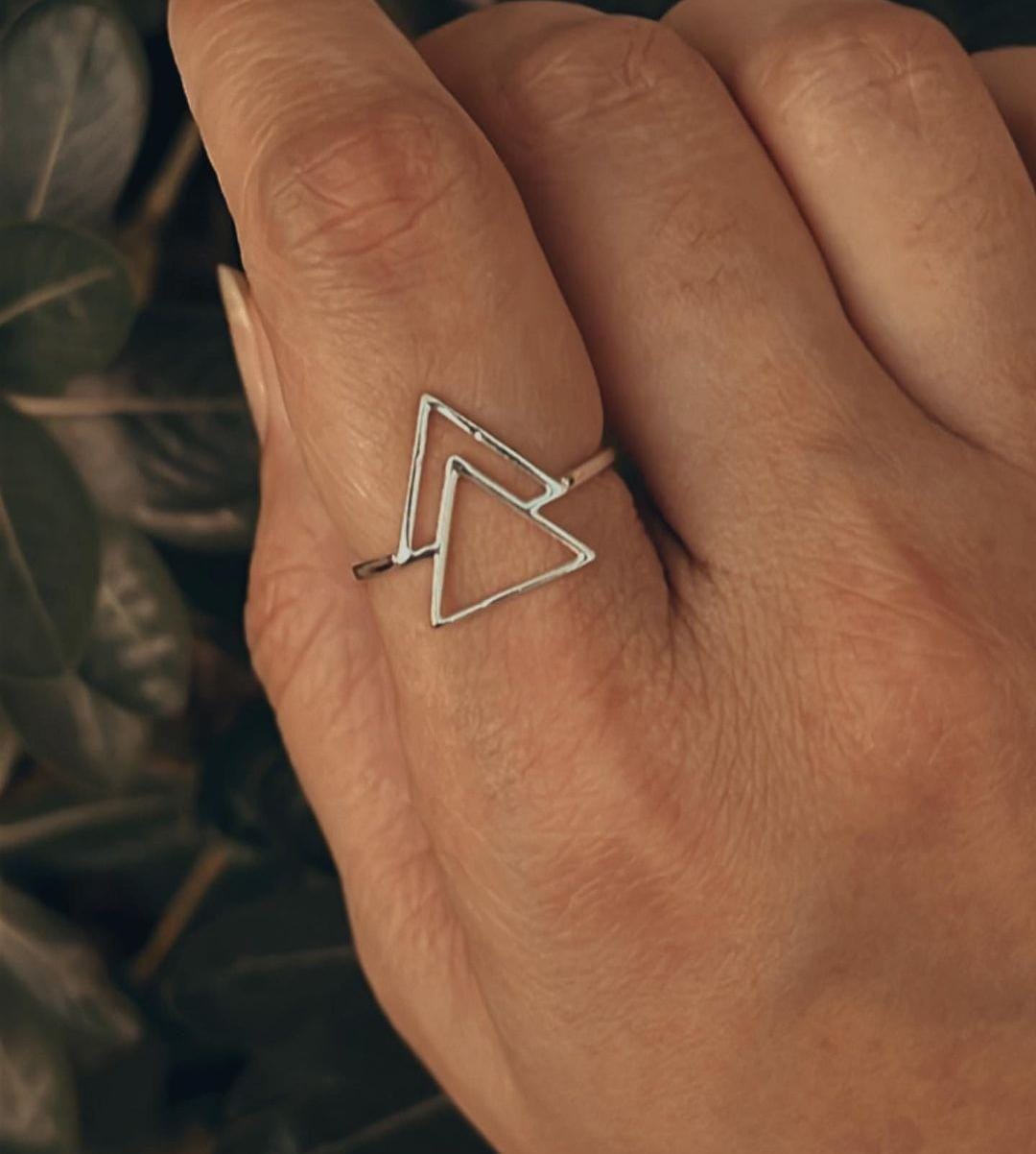 Unique double triangle silver ring with layered triangular shapes