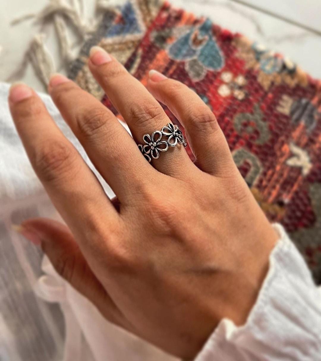 Elegant Bloom Floral Adjustable Silver Ring