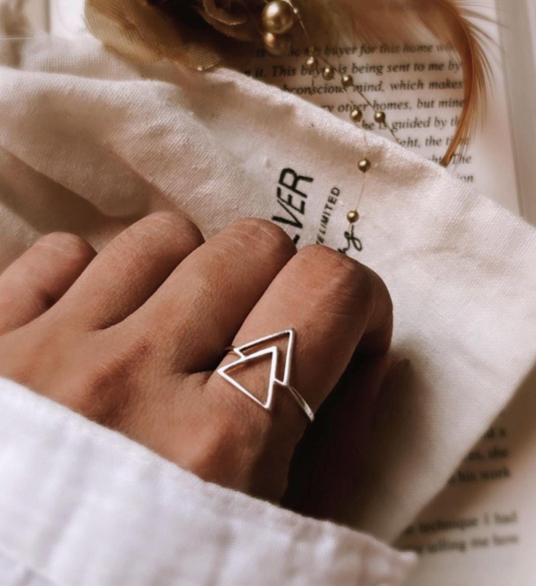 Handcrafted double triangle silver ring with intricate geometric details