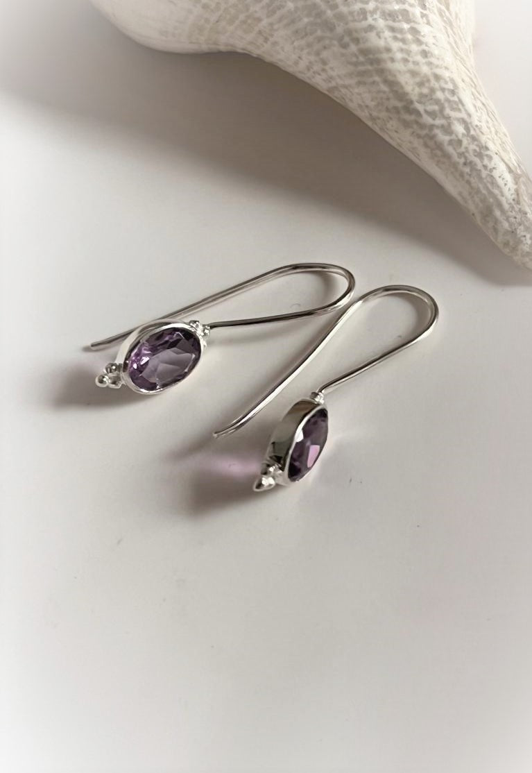 Boho Amethyst Silver Earrings with Hook Design