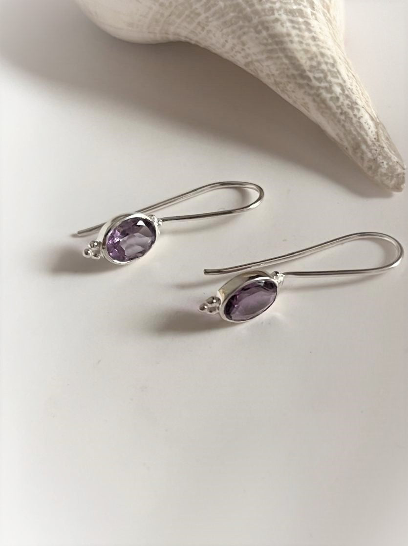 Amethyst Silver Hook Earrings for Bohemian Vibes
