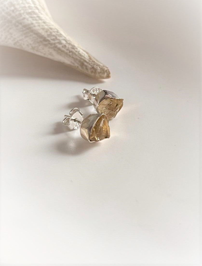 Citrine raw uncut silver studs with natural gemstone texture