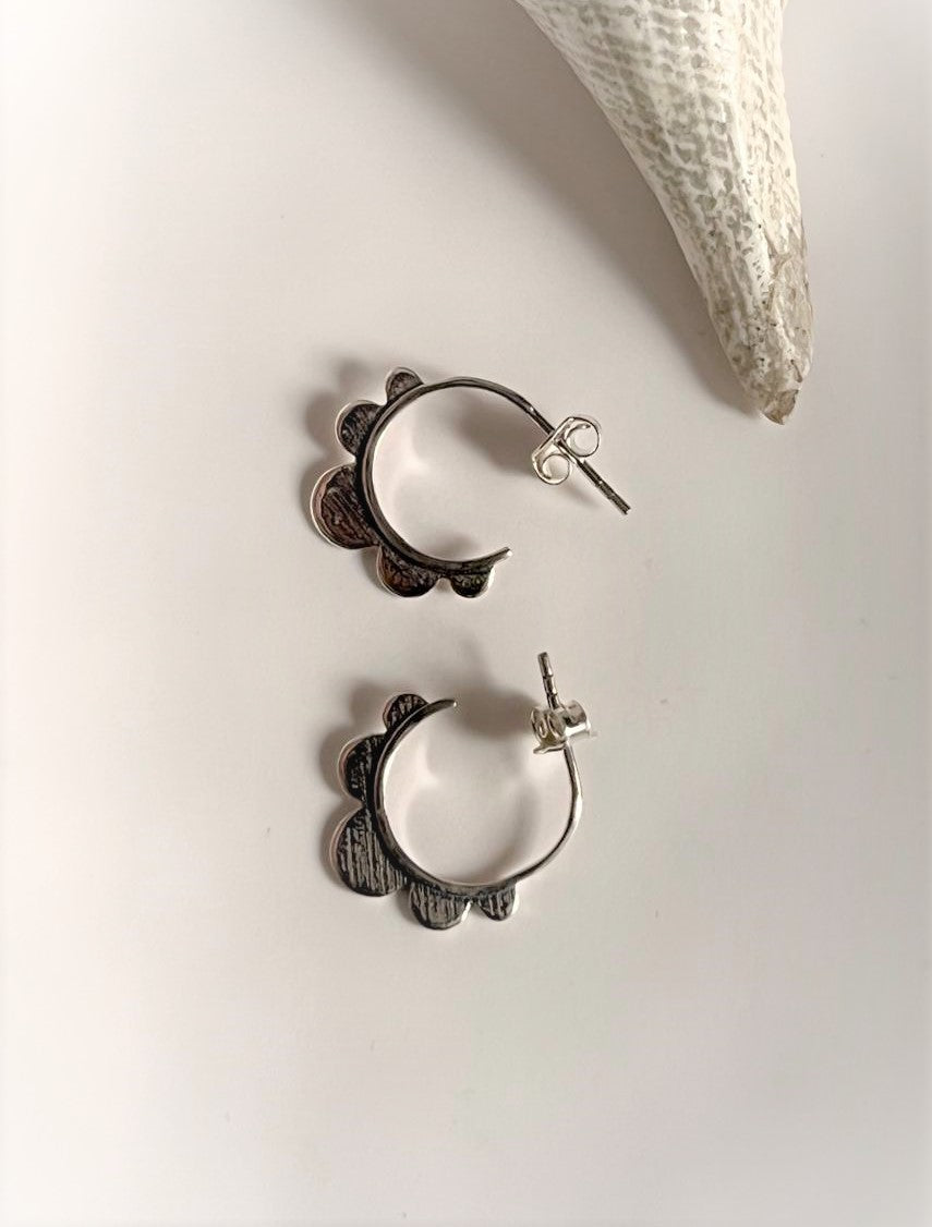 Elegant Flower Design 925 Silver Half Hoop Earrings