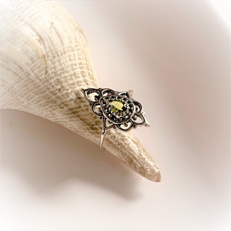 Nature-Inspired Peridot Boho Silver Ring