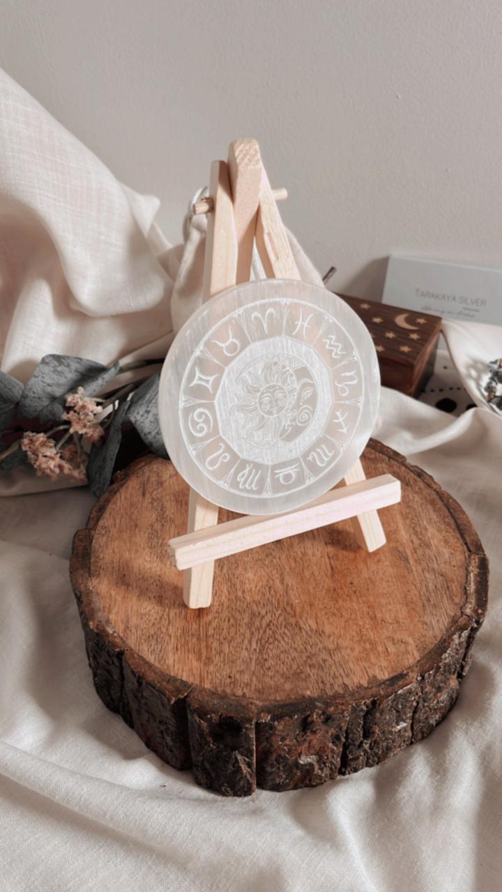 Healing selenite charging plate engraved with Zodiac signs