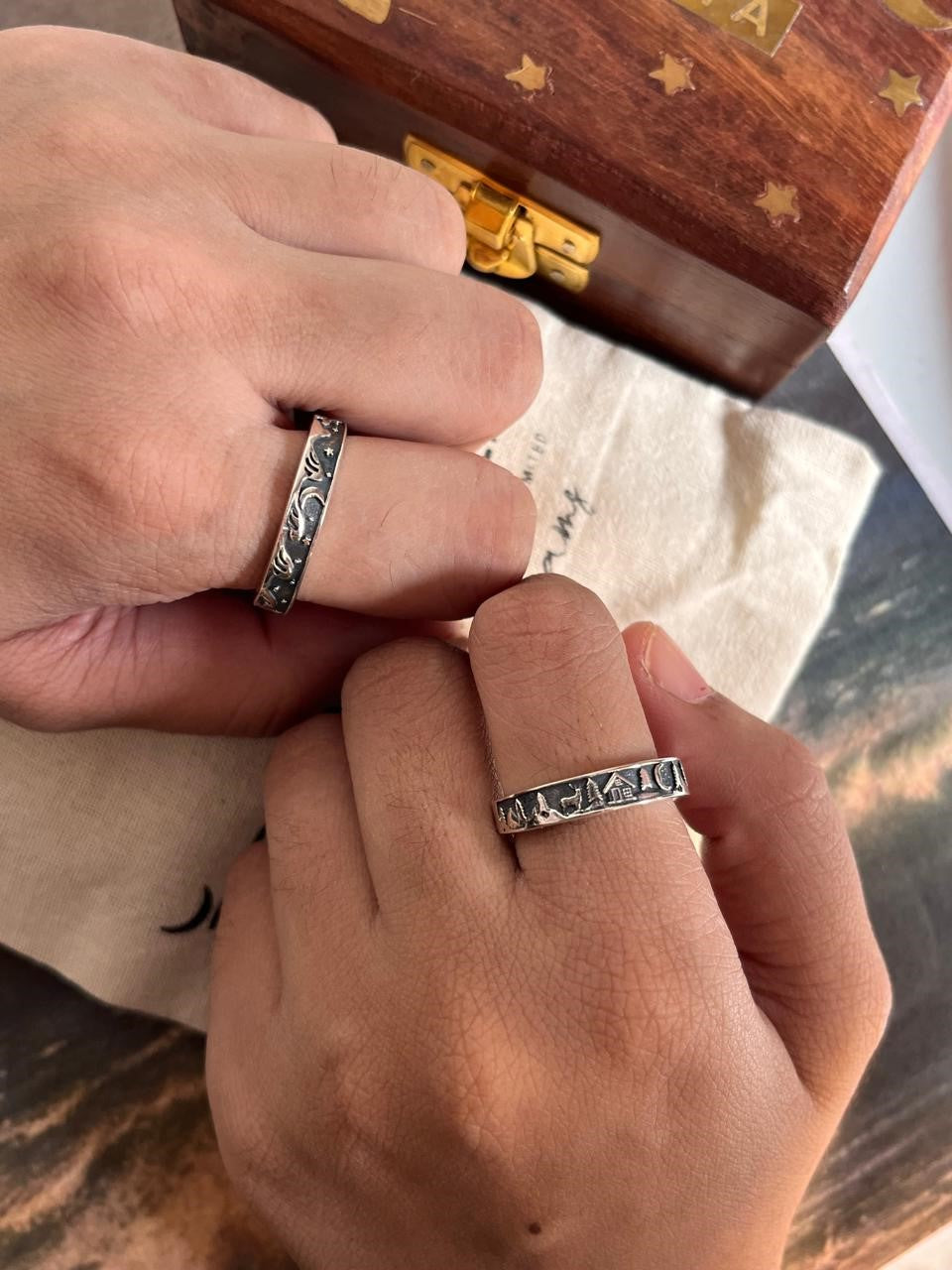 Nature-Inspired Adjustable Silver Couple Ring with Moon, Stars, and Forest Elements