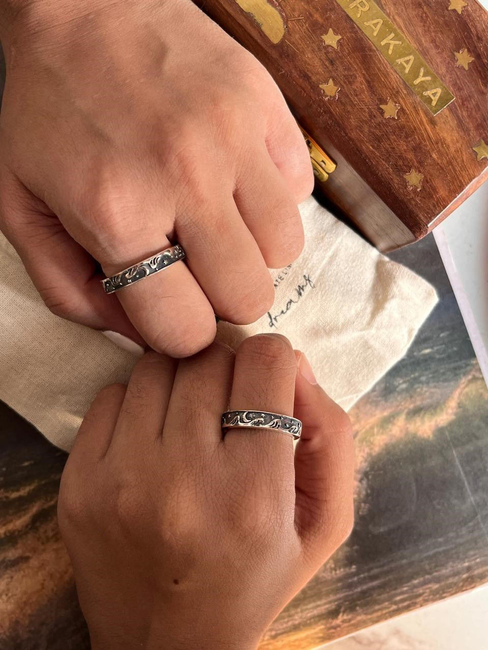 Waves, Moon, and Stars Adjustable Silver Ring for Couples