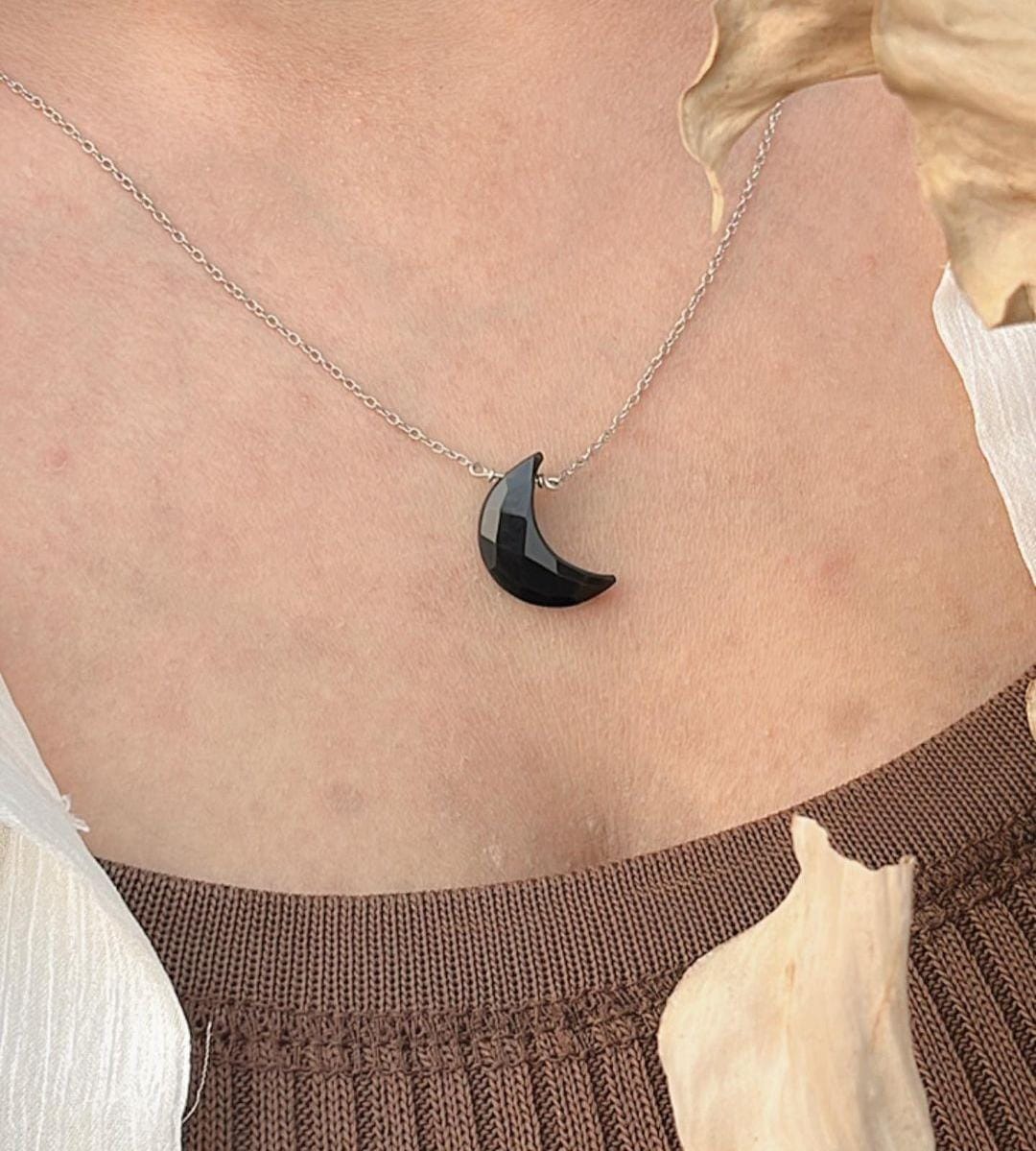 Crescent Moon Necklace with Black Onyx Crystal