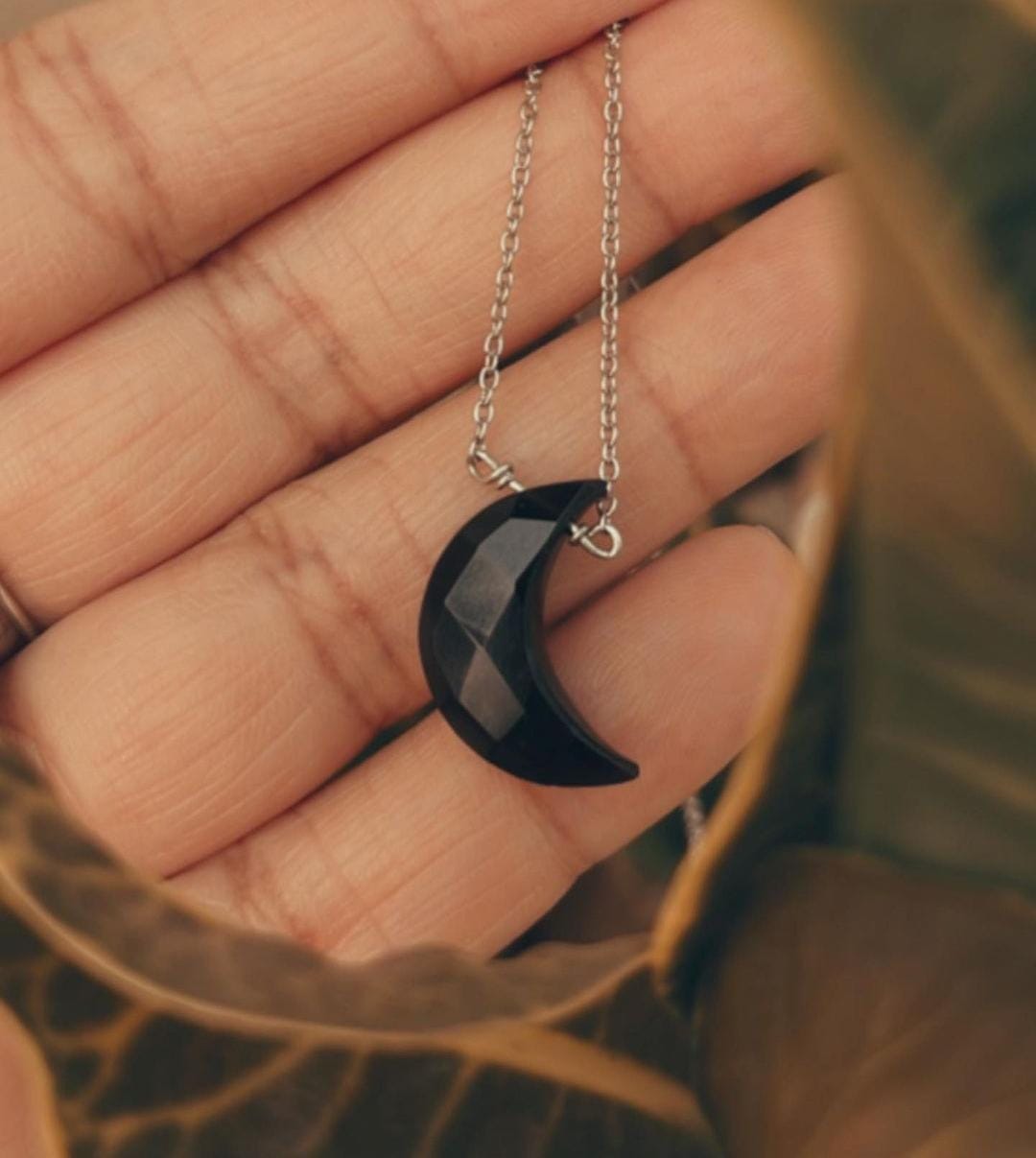 Natural Black Onyx Crescent Moon Crystal Necklace