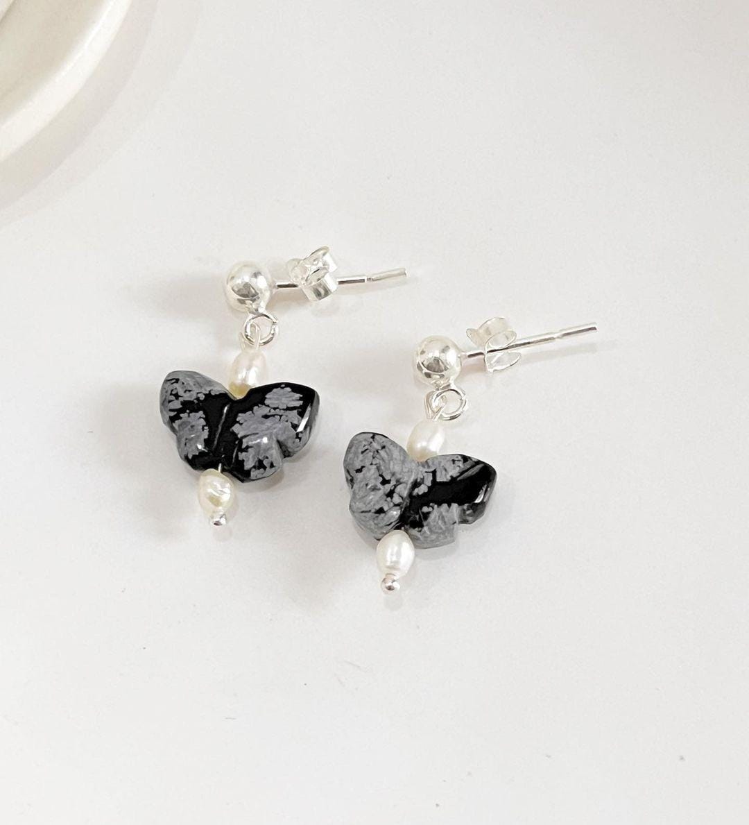 Black Jasper Butterfly Earrings with Pearl Accent
