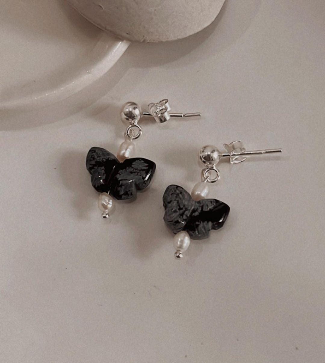 Butterfly Crystal Earring with Black Jasper and Pearl
