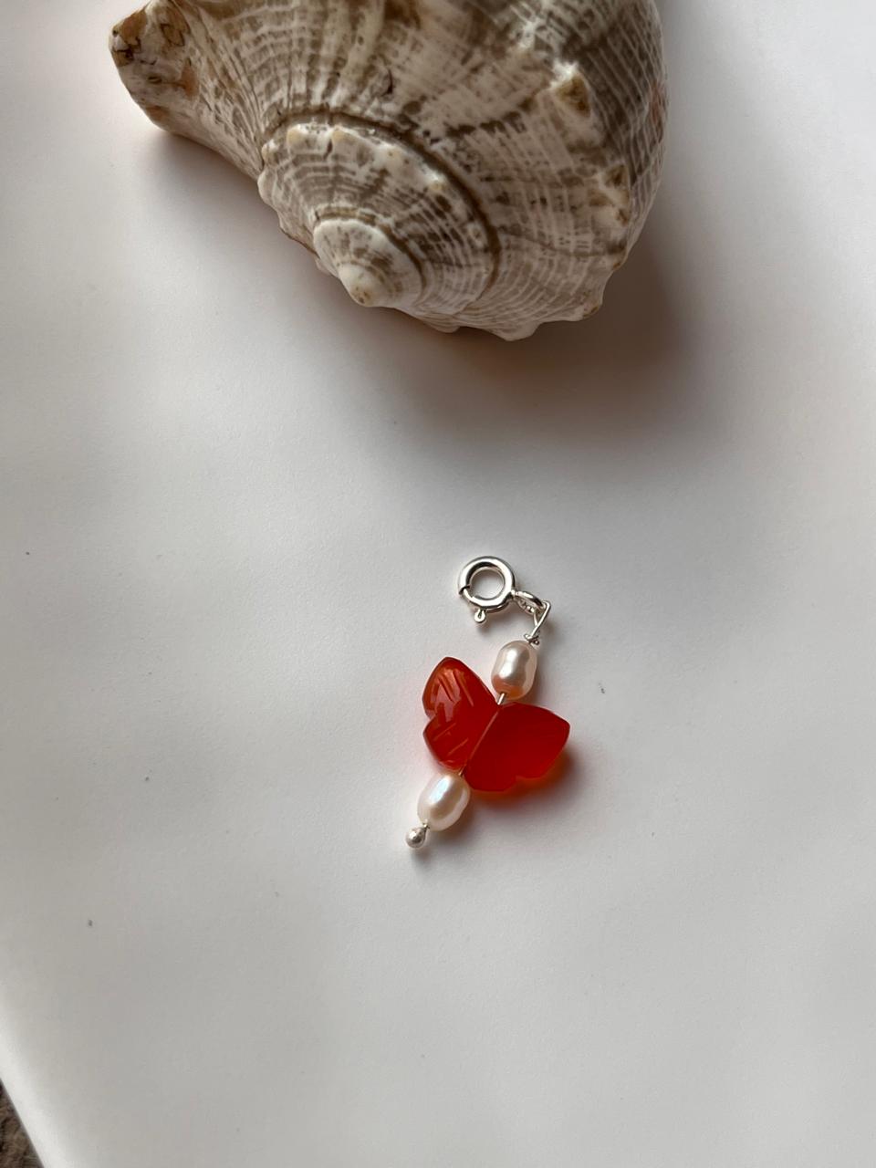 Carnelian Butterfly Crystal Charm with Pearl Embellishment