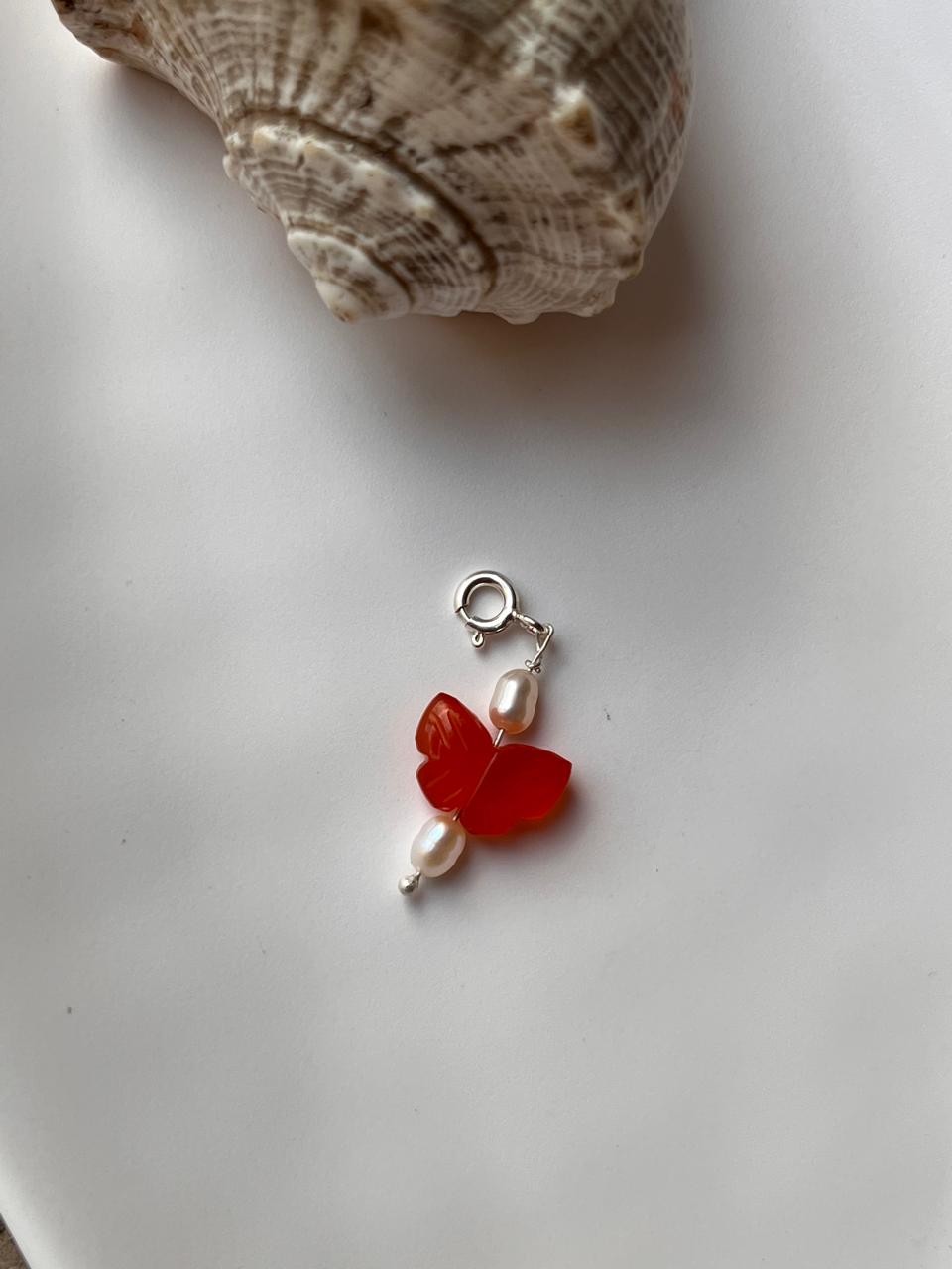 Elegant Carnelian Butterfly with Pearl Crystal Pendant
