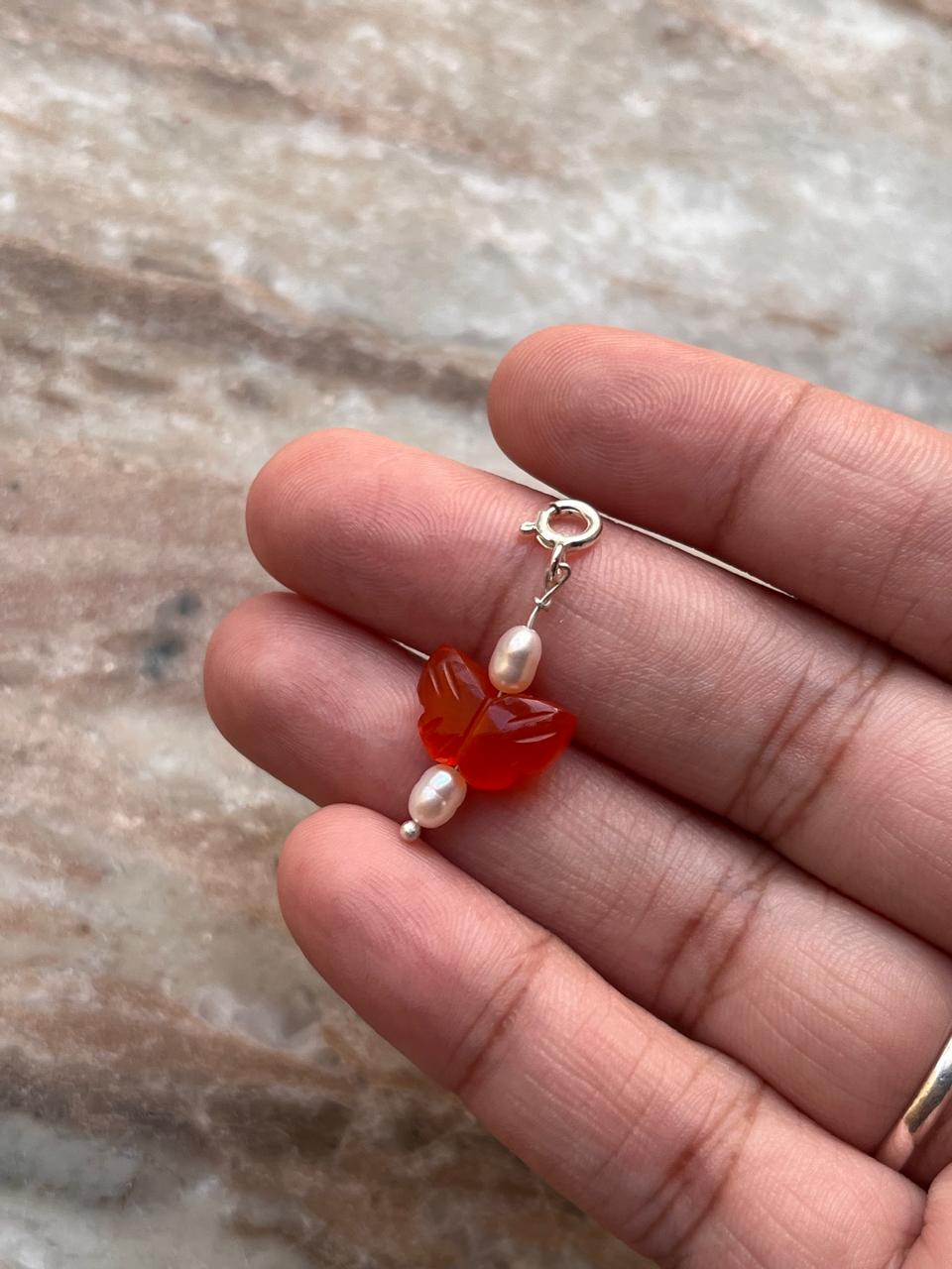 Carnelian Butterfly and Pearl Crystal Charm for Jewelry