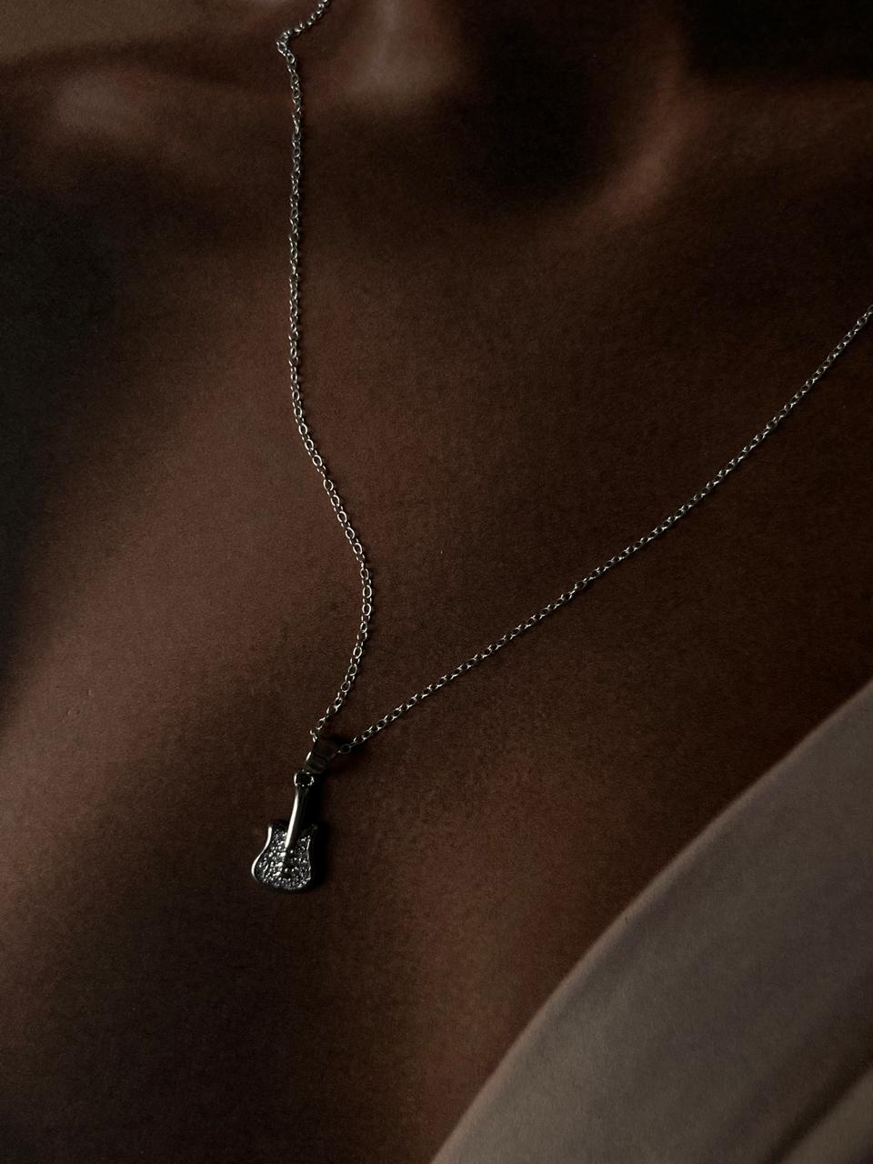 Music-themed guitar 2 silver necklace for enthusiasts