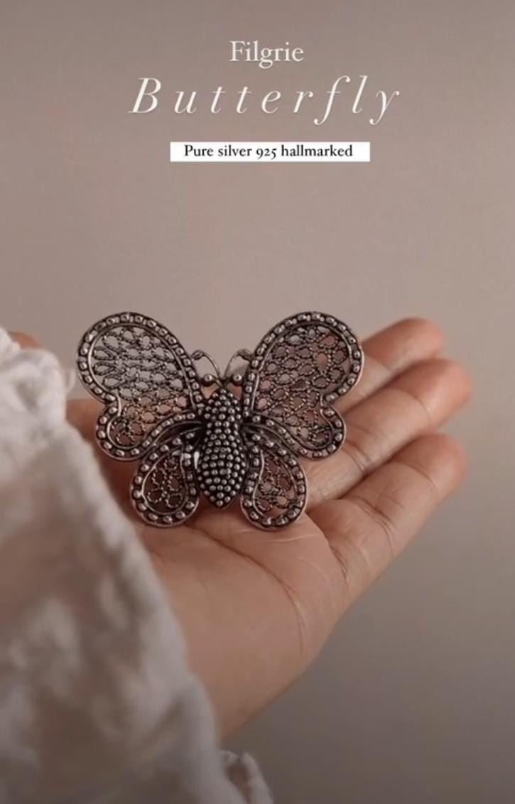 Elegant big filigree handcrafted butterfly silver 925 ring with intricate details.