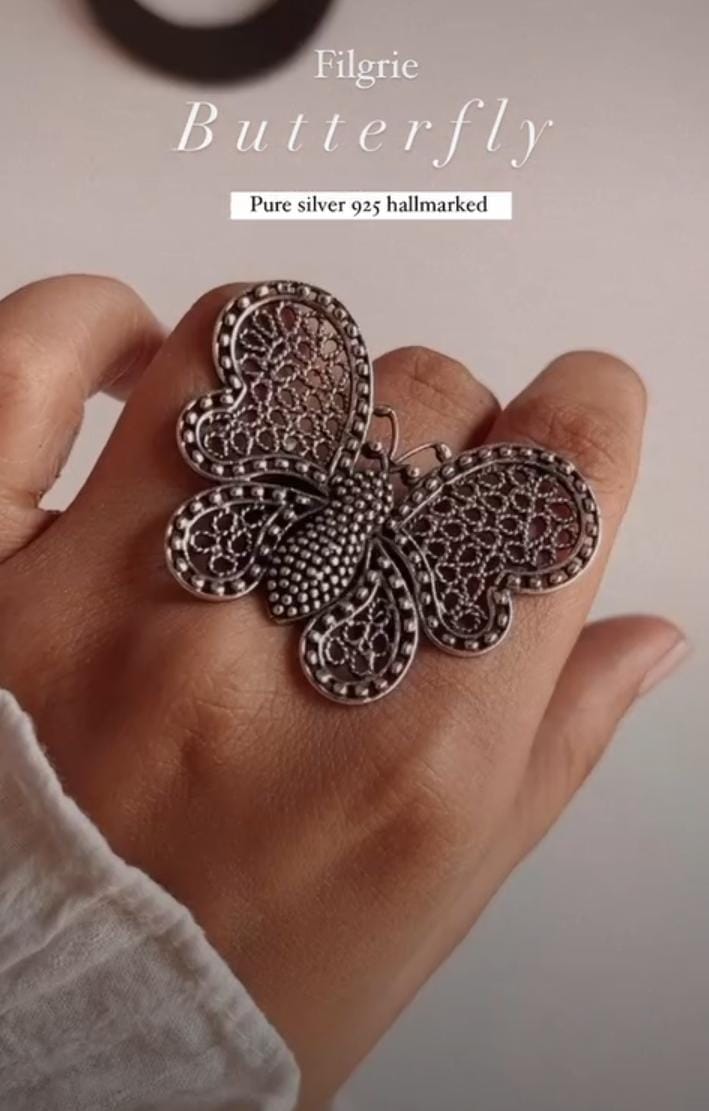 Handcrafted silver 925 ring with a large filigree butterfly motif.