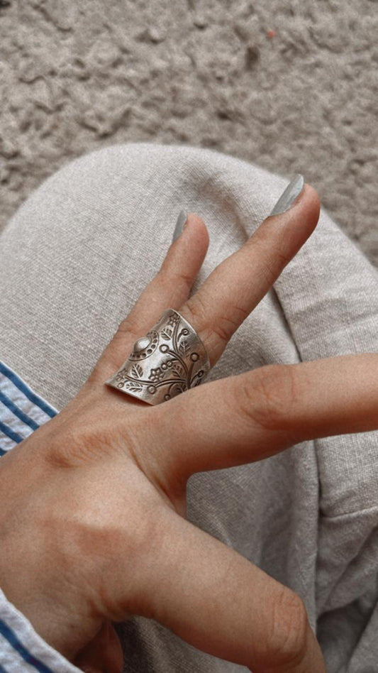 Antique Bohemian Sun & Lavender Flower Handcrafted Adjustable Silver 925 Ring