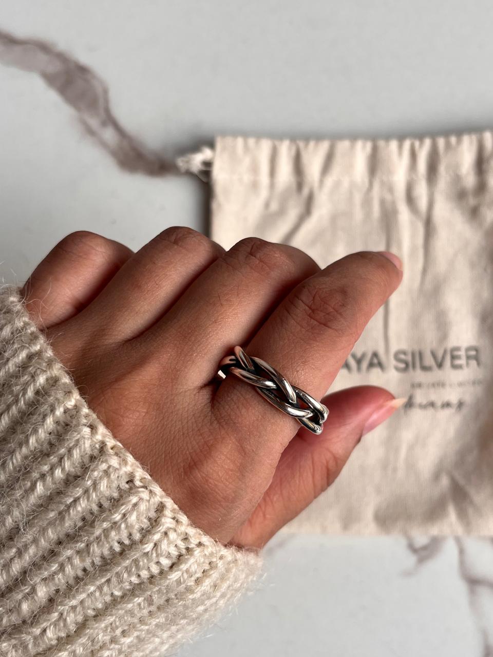 Chunky twist braided adjustable handcrafted silver 925 ring