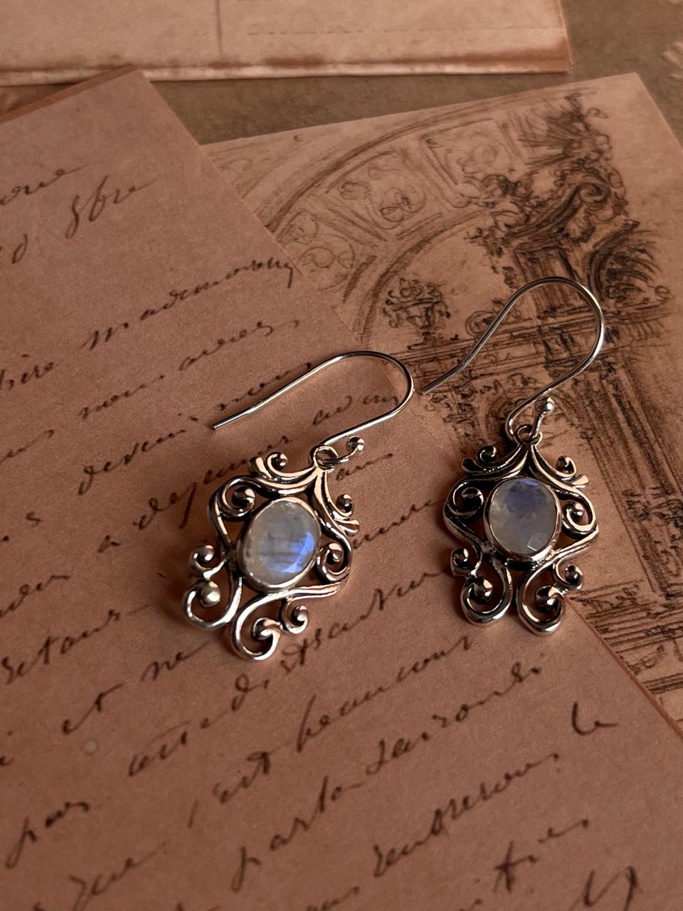 Moonstone Oval Cut Vintage Style Sterling Silver Earrings
