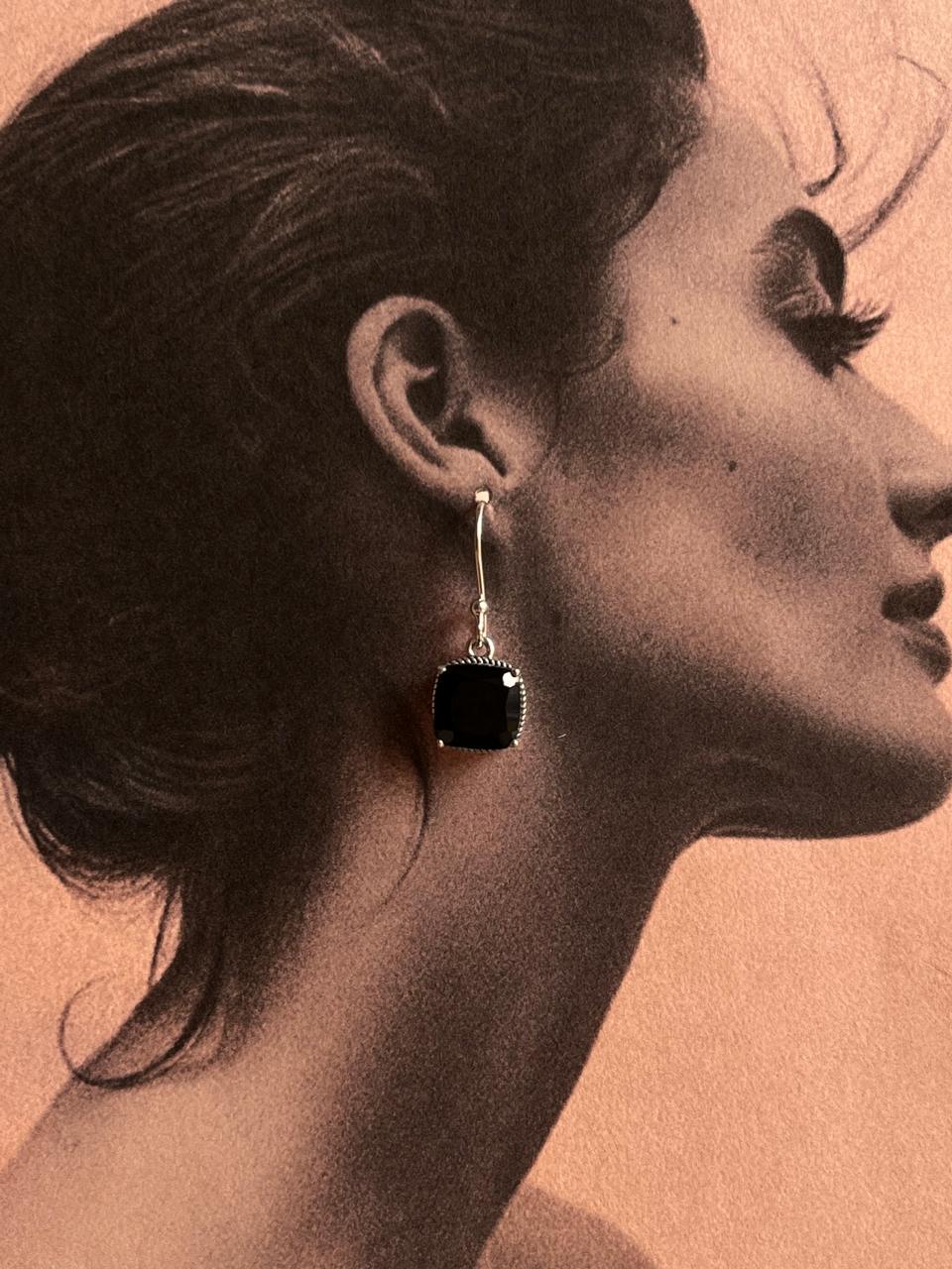 Vintage Silver Earrings with Black Onyx Cushion Cut